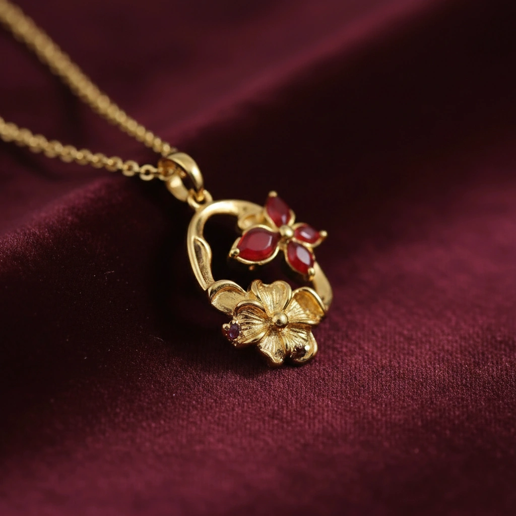 Gold necklace with floral pendant on a burgundy fabric background